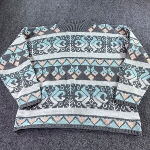 Croquet Club Sweater Womens‎ Med Grey Teal Fair Isle Mock Neck Vintage USA Made